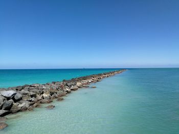 Scenic view of sea against clear blue sky
