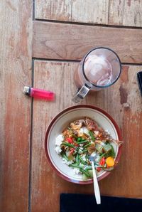 High angle view of food served on table