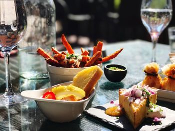 Close-up of food served on table