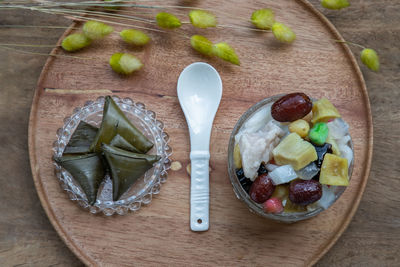 High angle view of breakfast on table