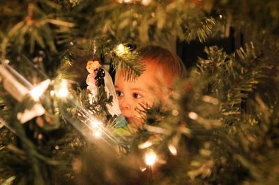 Baby boy amidst illuminated christmas tree