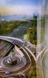 High angle view of bridges seen through window