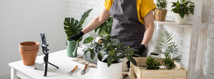 Midsection of woman holding potted plant