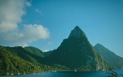 Panoramic view of sea and mountains against sky