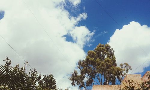 Low angle view of power lines against cloudy sky