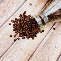 High angle view of coffee beans on table