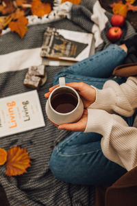 High angle view of coffee cup on table