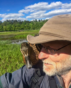 Close-up of man with mallard duck at field