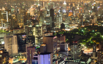 High angle view of city buildings at night