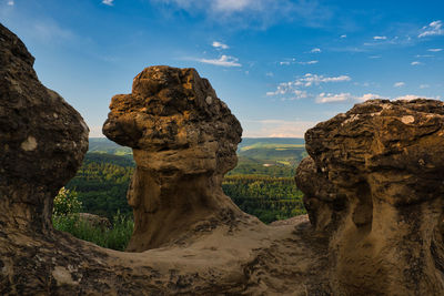 Rock formations on landscape against sky