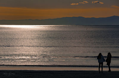 Silhouette people standing on beach against sky during sunset