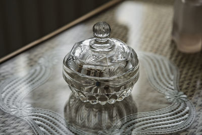 High angle view of glass on table