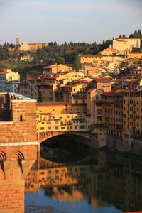 High angle view of river by buildings against sky