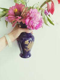 Close-up of hand holding flower vase against white background