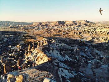 Aerial view of dramatic landscape against clear sky