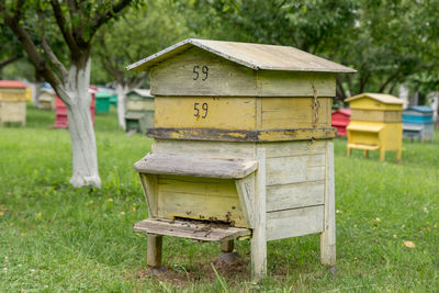 Yellow beehive box on grassy field