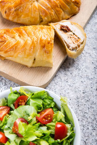High angle view of meal served on table