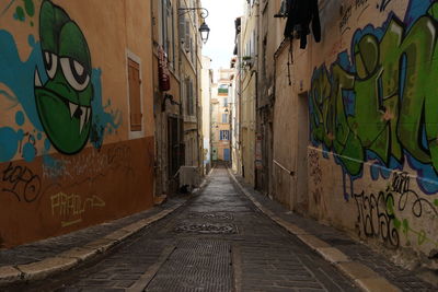 Graffiti on alley amidst buildings in city