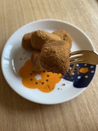 High angle view of breakfast in plate on table