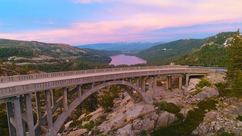 Bridge over river against mountains