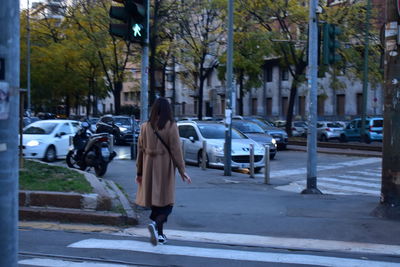 Rear view of man walking on city street