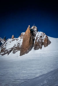 Scenic view of snowcapped mountain against clear blue sky