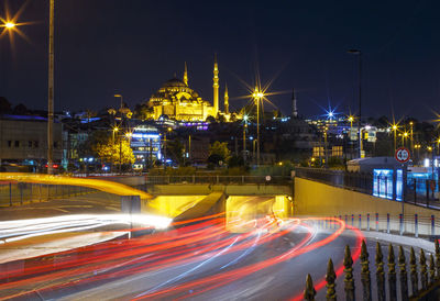 Light trails against illuminated pertevniyal valide sultan mosque at night