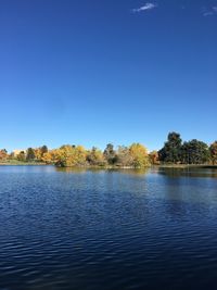 Scenic view of lake against clear blue sky