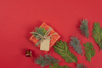 Close-up of christmas tree against red background