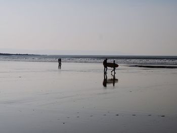 Silhouette people standing on beach against clear sky
