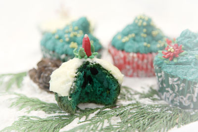 Christmas cupcakes with pine needles on snow