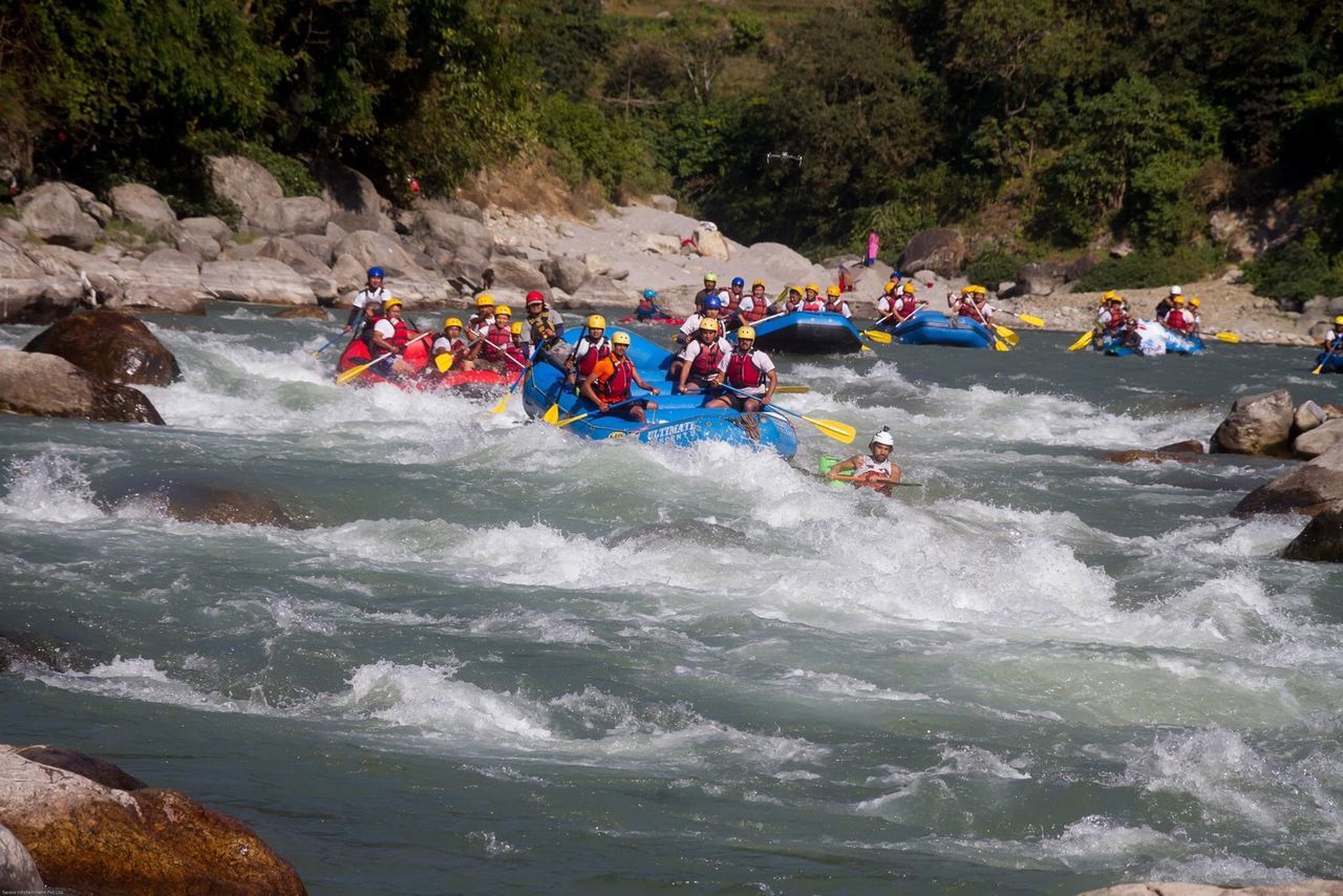 GROUP OF PEOPLE IN RIVER BY TREES