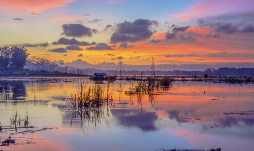 Scenic view of lake against sky during sunset