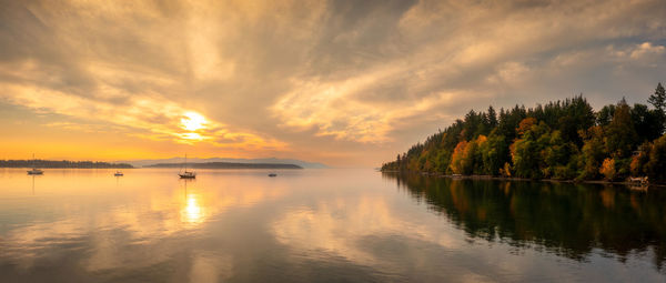 Scenic view of lake against sky during sunset