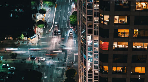 High angle view of traffic on city street at night