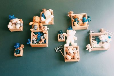 High angle view of teddy bears on table