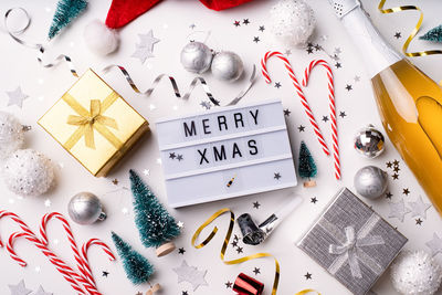 High angle view of christmas decoration on table