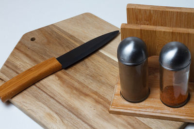 High angle view of knife on cutting board