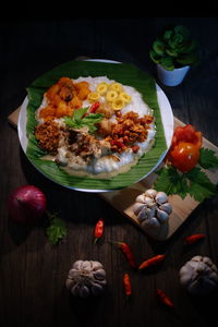 High angle view of food served on table