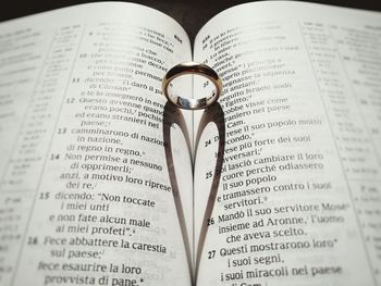 High angle view of ring on book