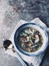 High angle view of soup in bowl on table