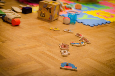 High angle view of toy car on table