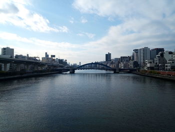 Bridge over river by buildings against sky in city