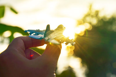 Cropped hand holding toy airplane during sunset