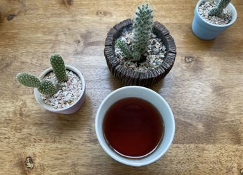 High angle view of tea served on table