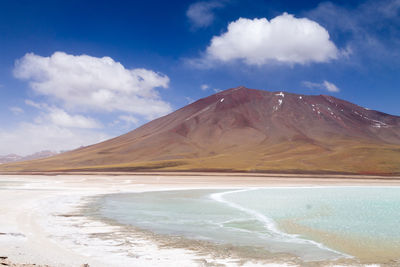 Scenic view of sea and mountains against sky