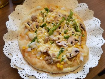 High angle view of food served in plate