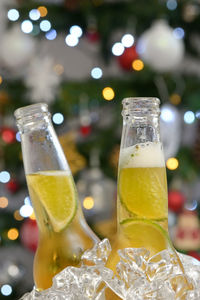 Close-up of beer glass on table