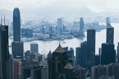 Aerial view of buildings in city against sky