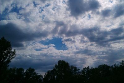 Low angle view of trees against cloudy sky